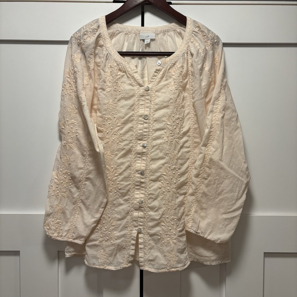J Jill Embroidered Button Front Blouse in Bisque Light Pink Extra‎ Large XL